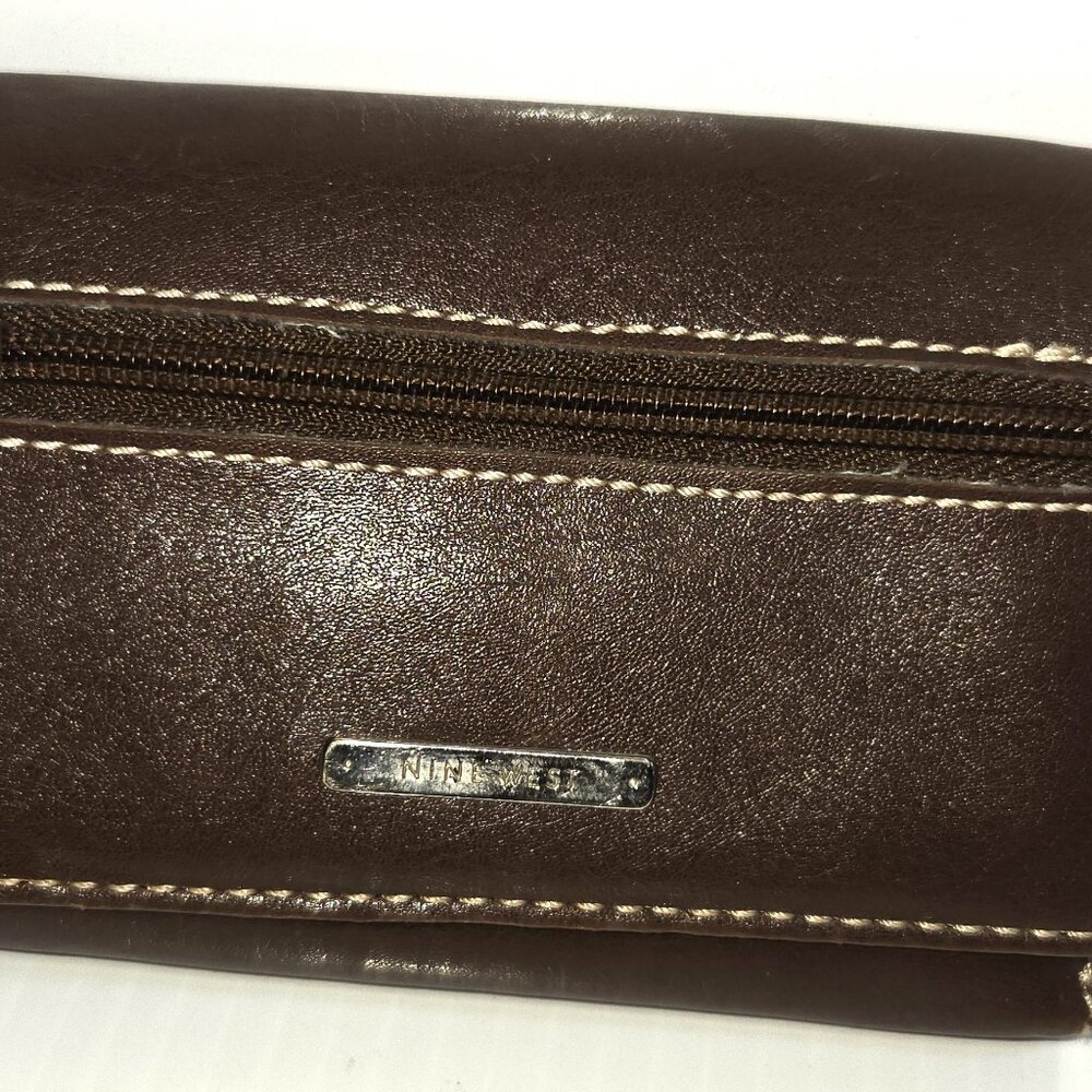 Nine West Women's Dark Brown Faux Leather Quad Fold Snap Closed Wallet 5.5”X4”